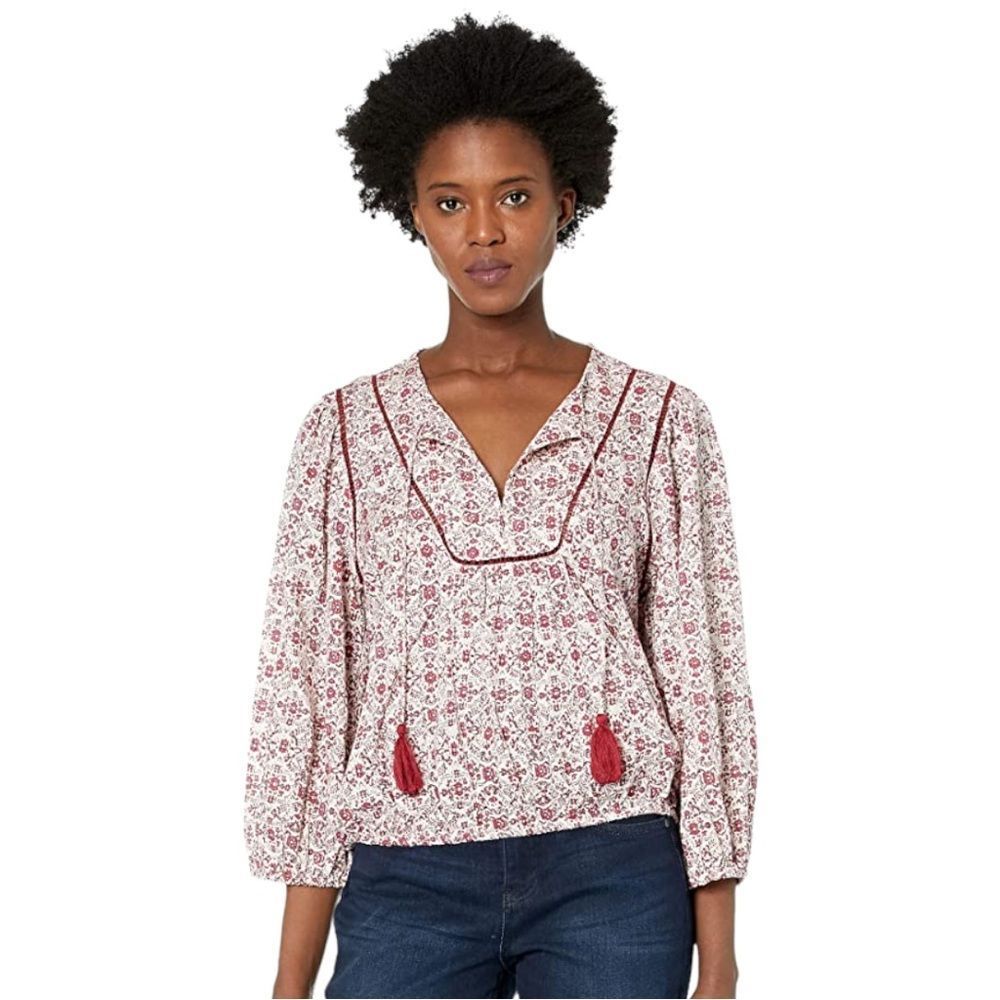 NWT Lucky Brand Boho Floral Peasant Burgundy Cream Blouse S